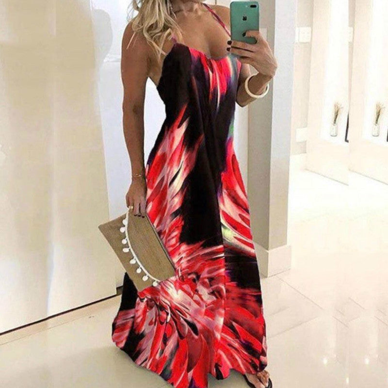 Women Vintage Leaf Print Dress Sexy Spaghetti Strap V Neck Long Dress Women Summer Big Swing Beach Dresses Party Tunic Plus Size 6XL