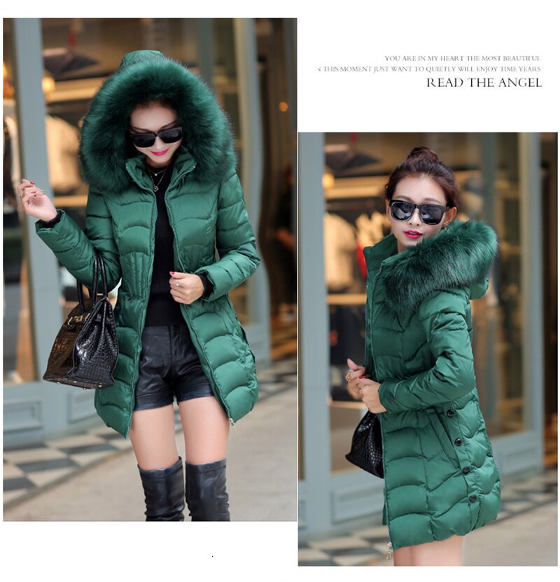 Winter Long Women Coats Parkas Slim Pleated Green Red Black Female Coat Outwear Fashion Big Fur Collar Hooded Cotton Jackets