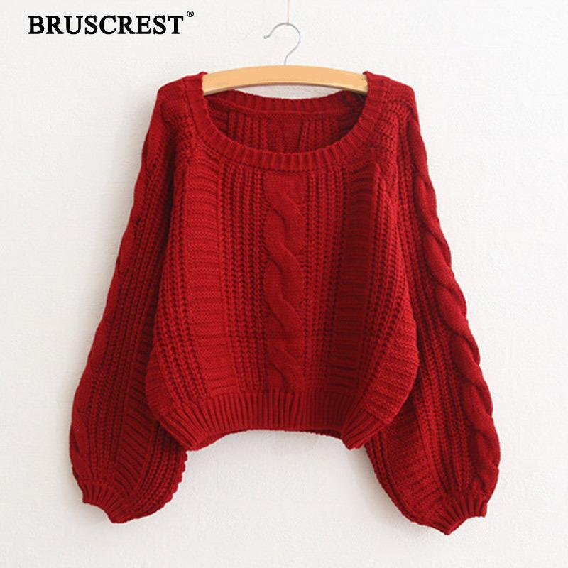 Winter Clothes Women Lantern Sleeve Sweater Ladies Loose Cable Knit Red Streetwear Pullover Sweater 2019 Fall Fashion Women Tops